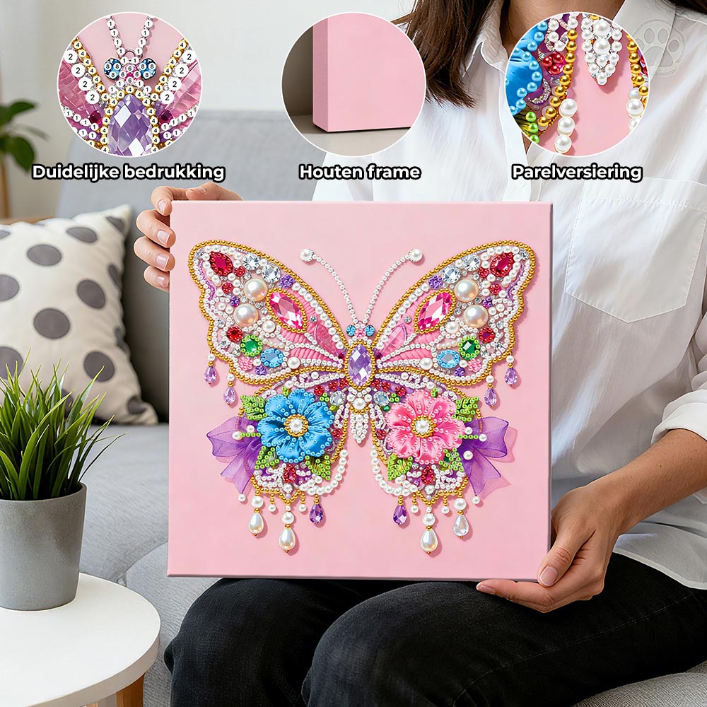 Diamond Painting | Parel Schilderij | Roze Vlinder en Bloemen