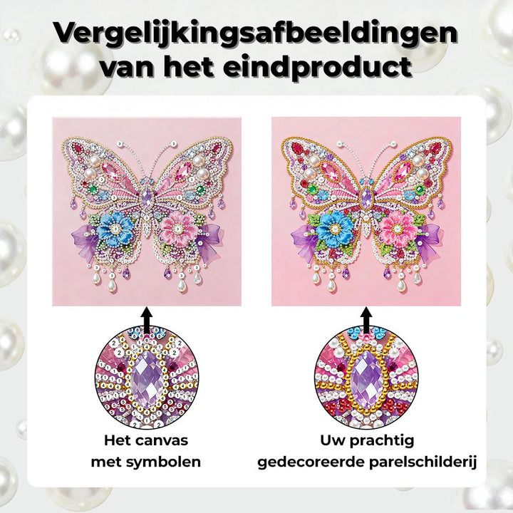 Diamond Painting | Parel Schilderij | Roze Vlinder en Bloemen