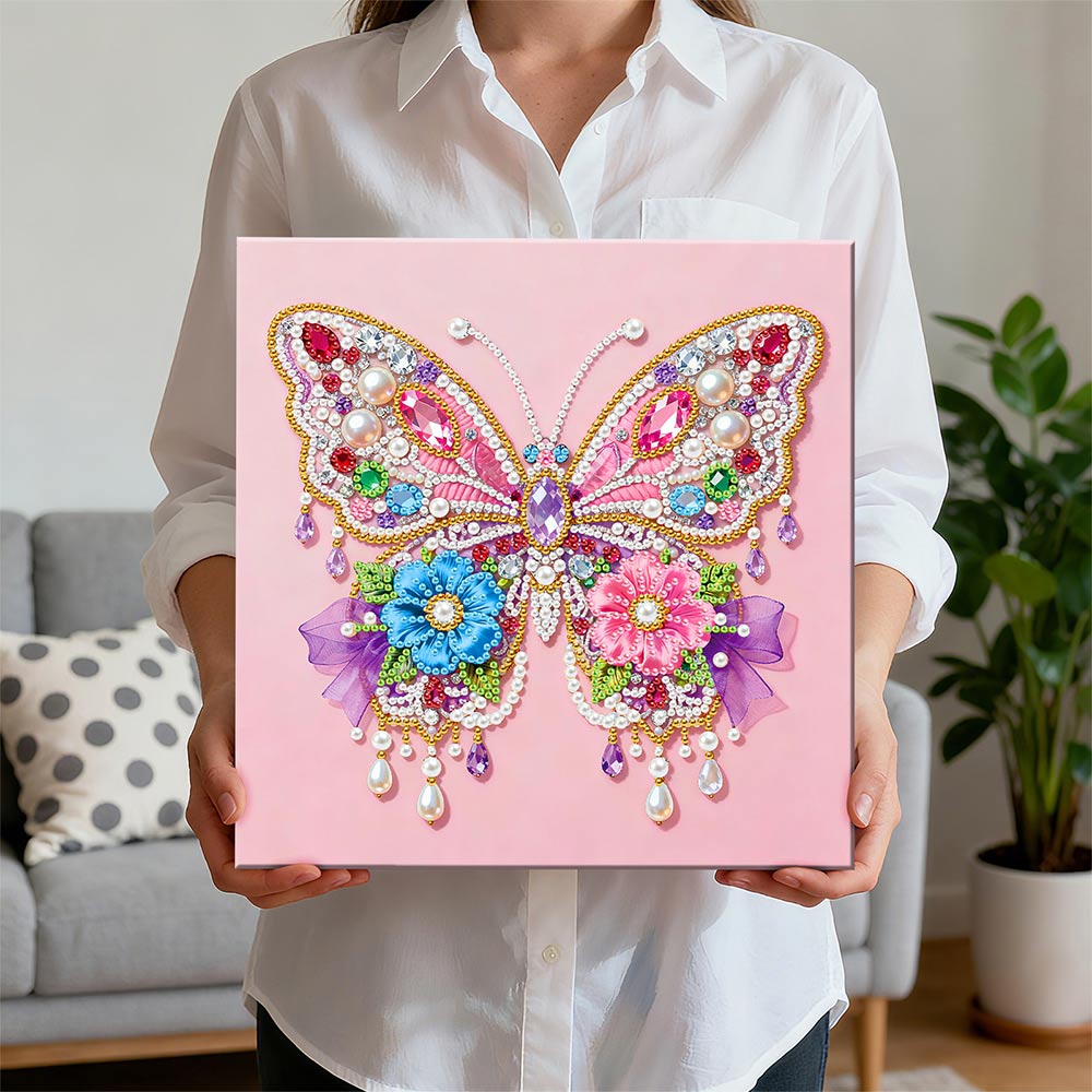 Diamond Painting | Parel Schilderij | Roze Vlinder en Bloemen