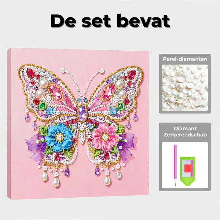 Diamond Painting | Parel Schilderij | Roze Vlinder en Bloemen