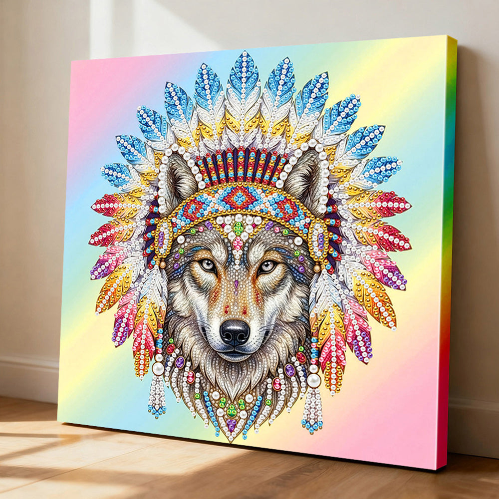 Diamond Painting | Parel Schilderij | Tribale Wolf Versierd met Veren