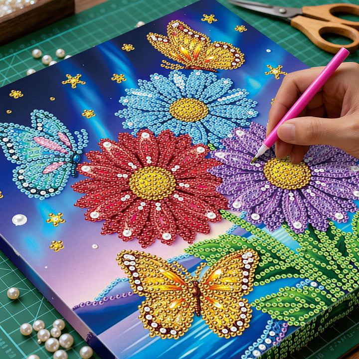 Diamond Painting | Parel Schilderij | Vlinders die Rond Gerbera’s Fladderen