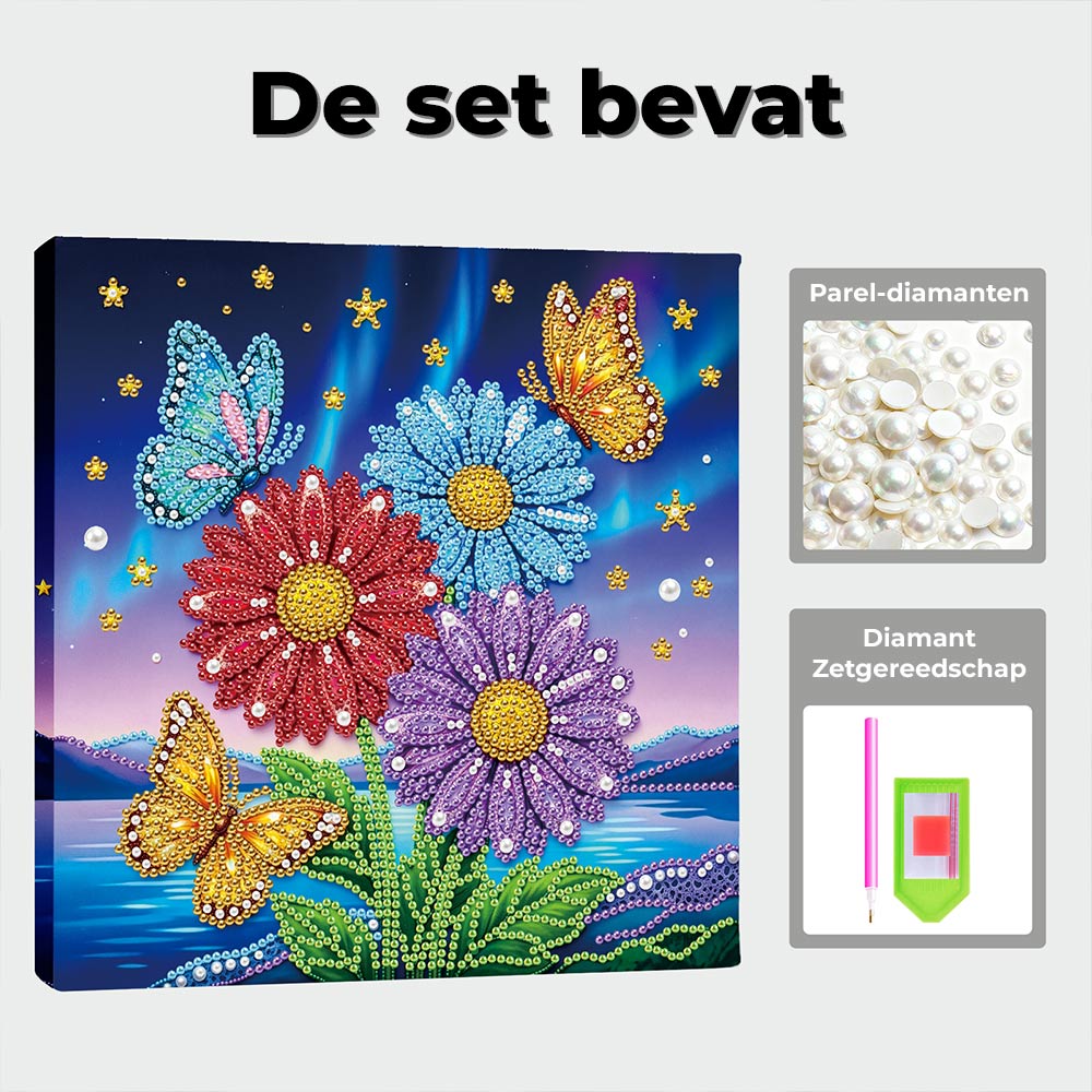 Diamond Painting | Parel Schilderij | Vlinders die Rond Gerbera’s Fladderen