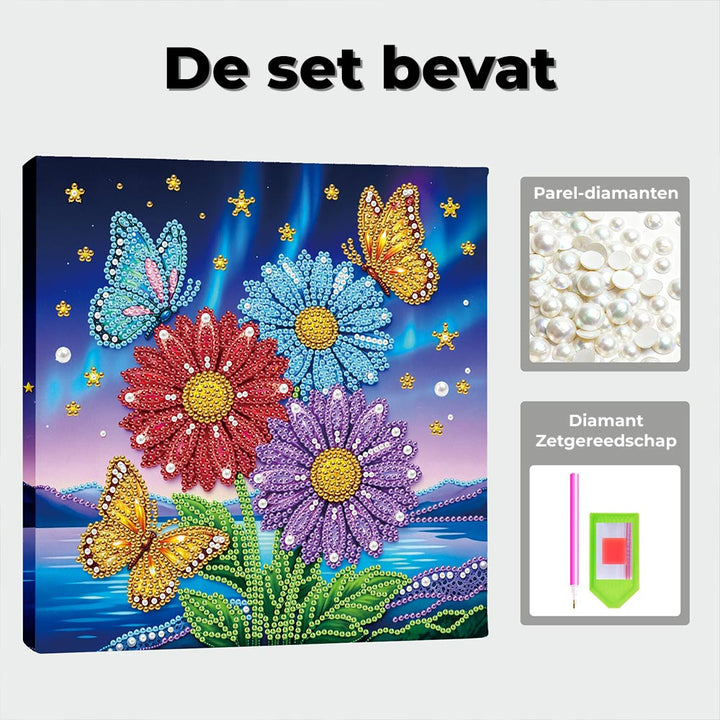 Diamond Painting | Parel Schilderij | Vlinders die Rond Gerbera’s Fladderen