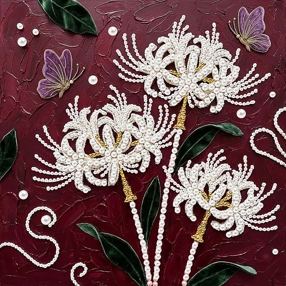 Diamond Painting | Parel Schilderij | Witte Bloemen en Paarse Vlinders