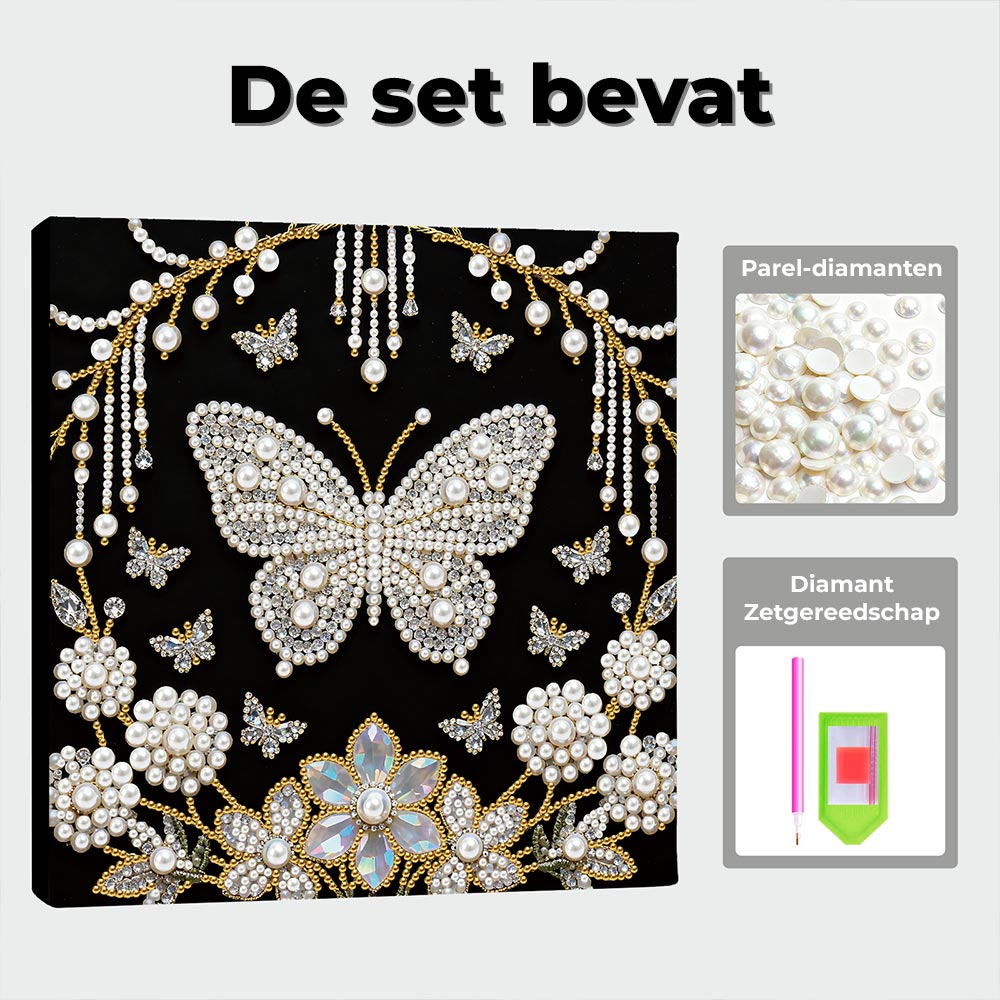 Diamond Painting | Parel Schilderij | Witte Vlinder en Paardenbloemen