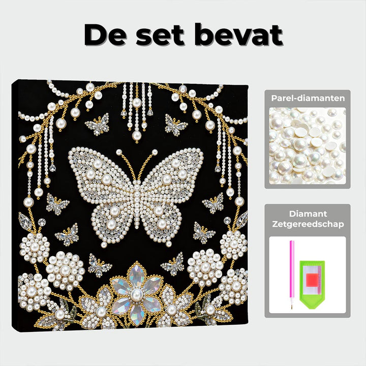 Diamond Painting | Parel Schilderij | Witte Vlinder en Paardenbloemen