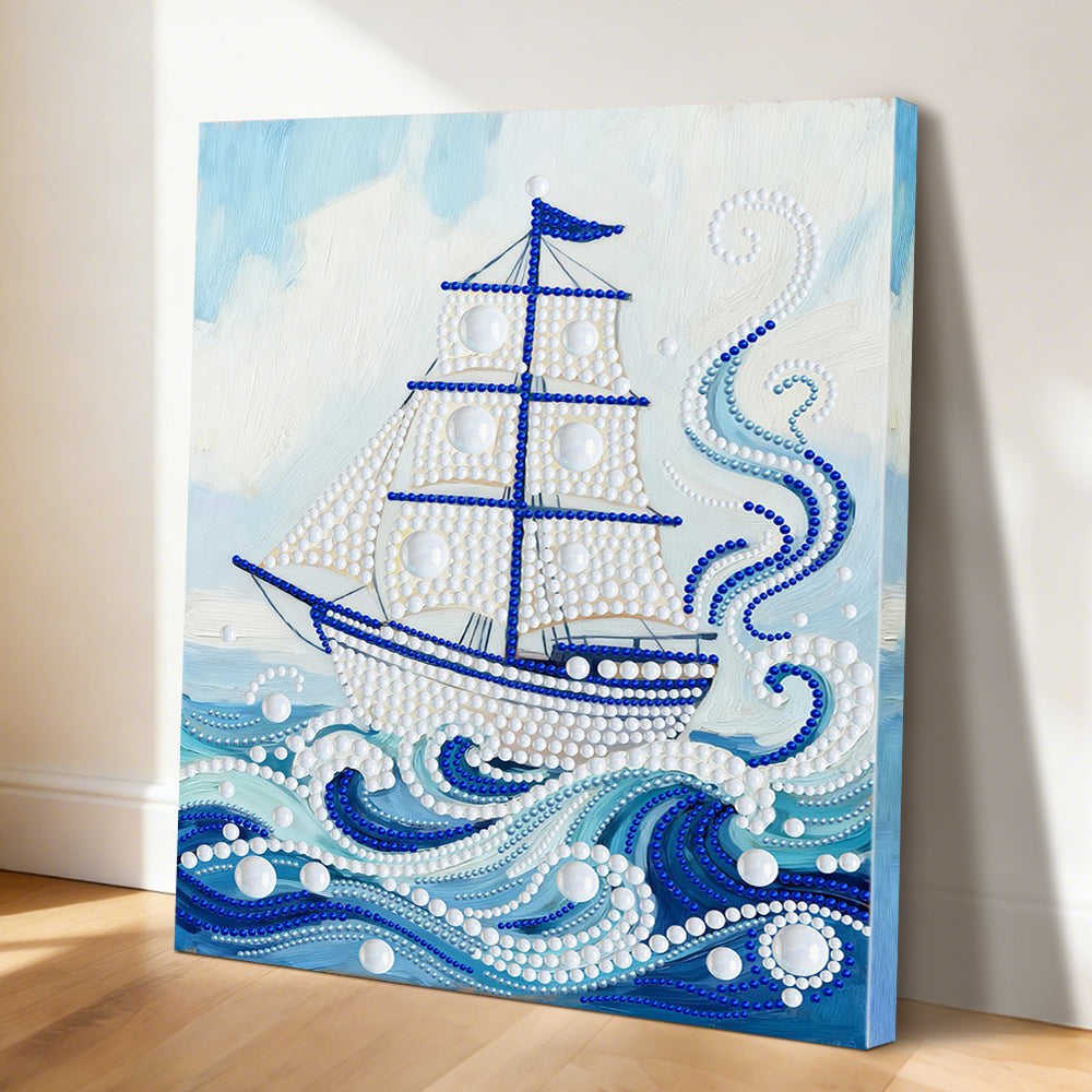 Diamond Painting | Parel Schilderij | Witte Zeilboot op Blauwe Golven