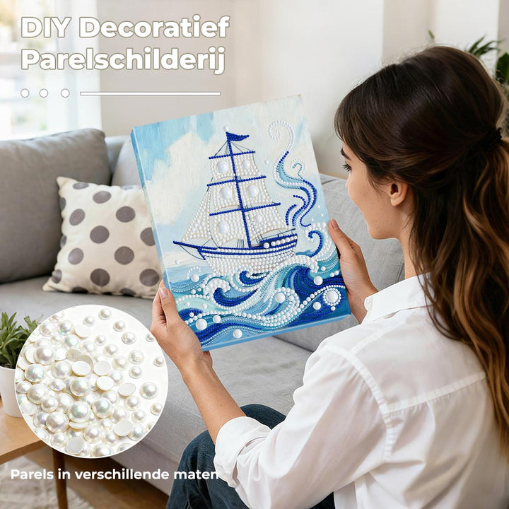 Diamond Painting | Parel Schilderij | Witte Zeilboot op Blauwe Golven