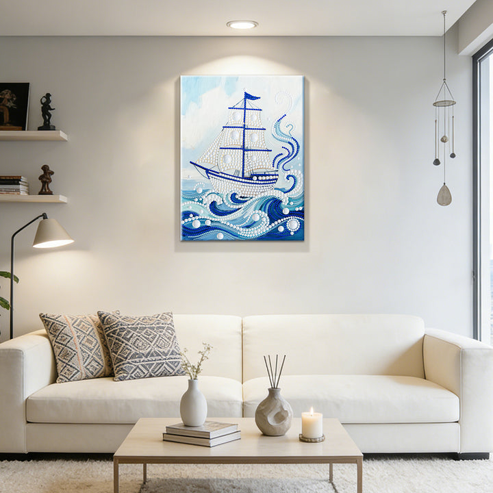 Diamond Painting | Parel Schilderij | Witte Zeilboot op Blauwe Golven