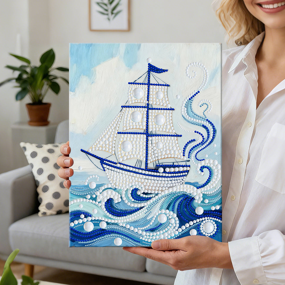 Diamond Painting | Parel Schilderij | Witte Zeilboot op Blauwe Golven