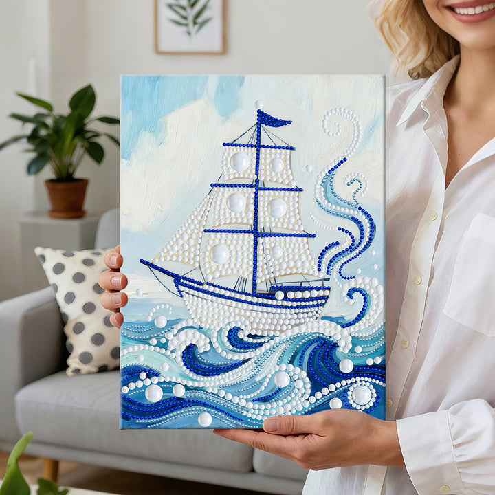 Diamond Painting | Parel Schilderij | Witte Zeilboot op Blauwe Golven