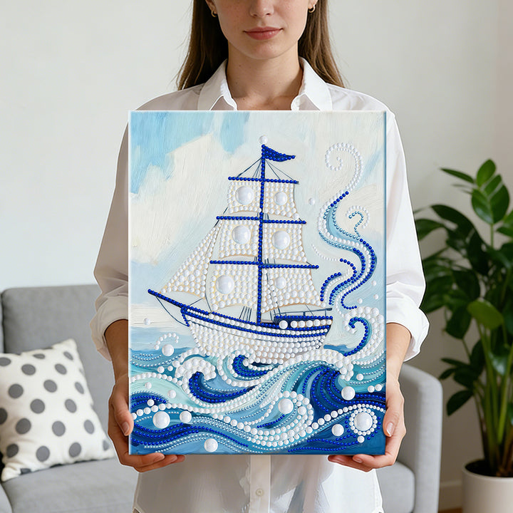 Diamond Painting | Parel Schilderij | Witte Zeilboot op Blauwe Golven