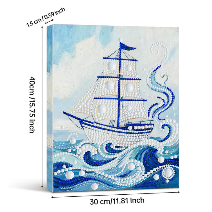 Diamond Painting | Parel Schilderij | Witte Zeilboot op Blauwe Golven