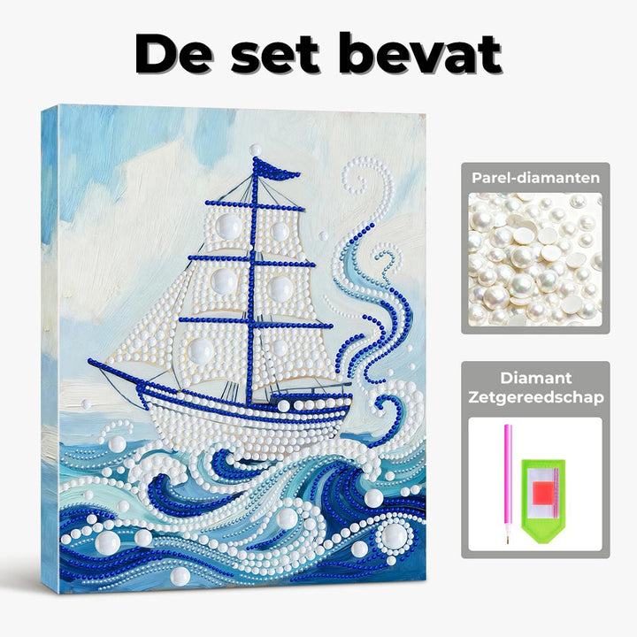 Diamond Painting | Parel Schilderij | Witte Zeilboot op Blauwe Golven