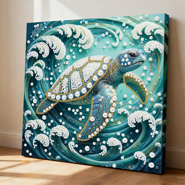 Diamond Painting | Parel Schilderij | Zeeschildpad in Wervelende Golven