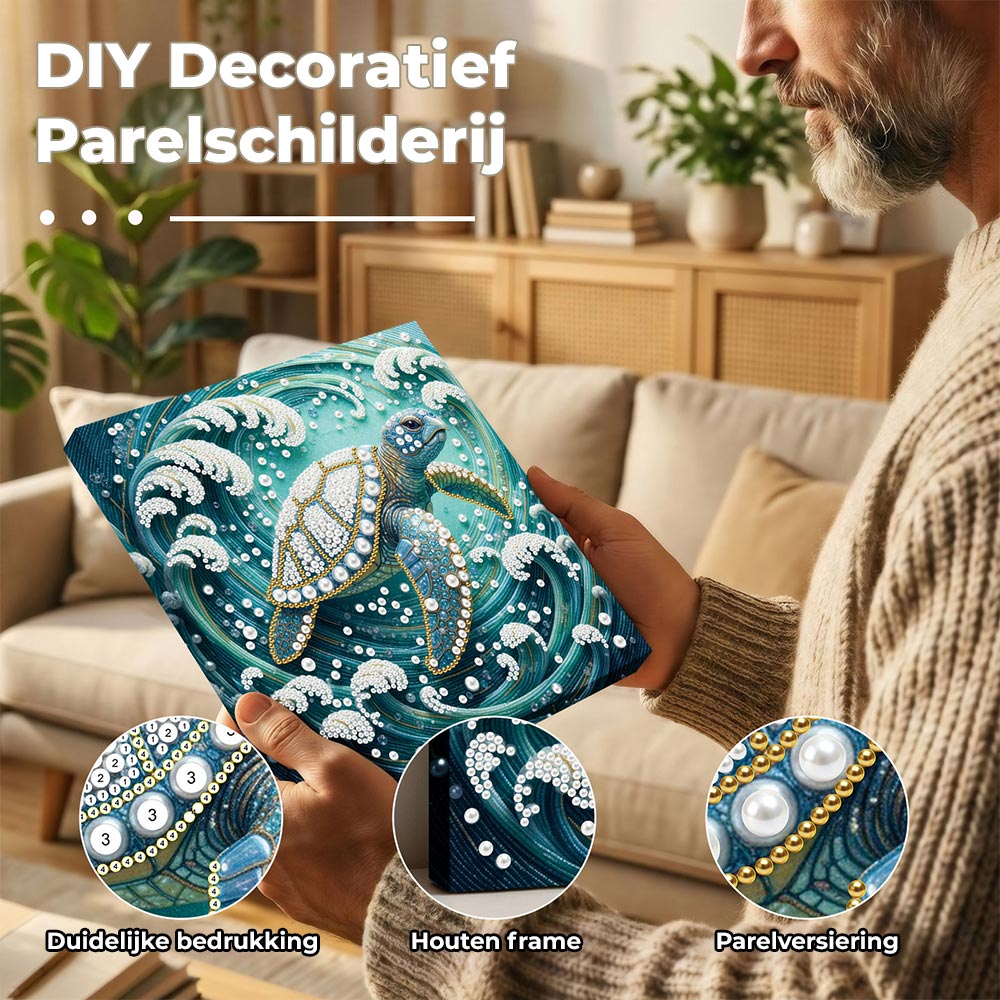 Diamond Painting | Parel Schilderij | Zeeschildpad in Wervelende Golven