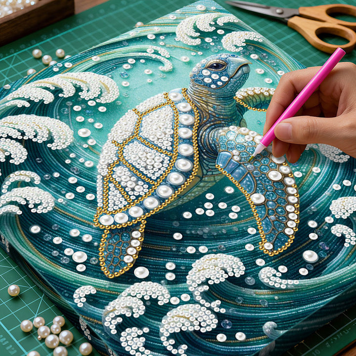 Diamond Painting | Parel Schilderij | Zeeschildpad in Wervelende Golven