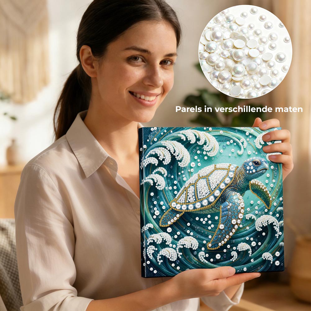 Diamond Painting | Parel Schilderij | Zeeschildpad in Wervelende Golven