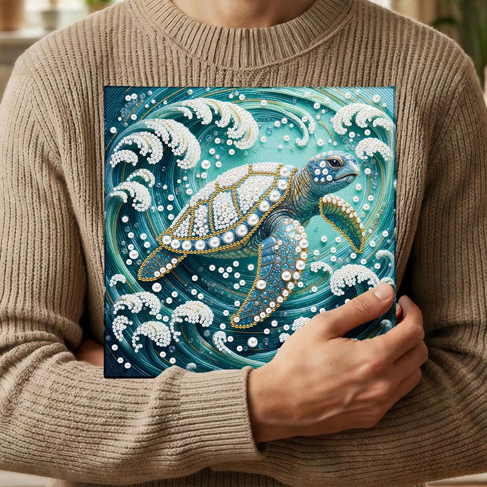 Diamond Painting | Parel Schilderij | Zeeschildpad in Wervelende Golven