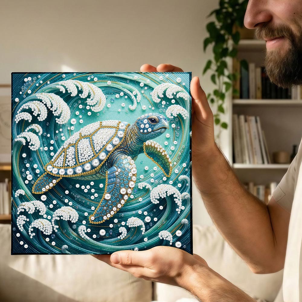 Diamond Painting | Parel Schilderij | Zeeschildpad in Wervelende Golven