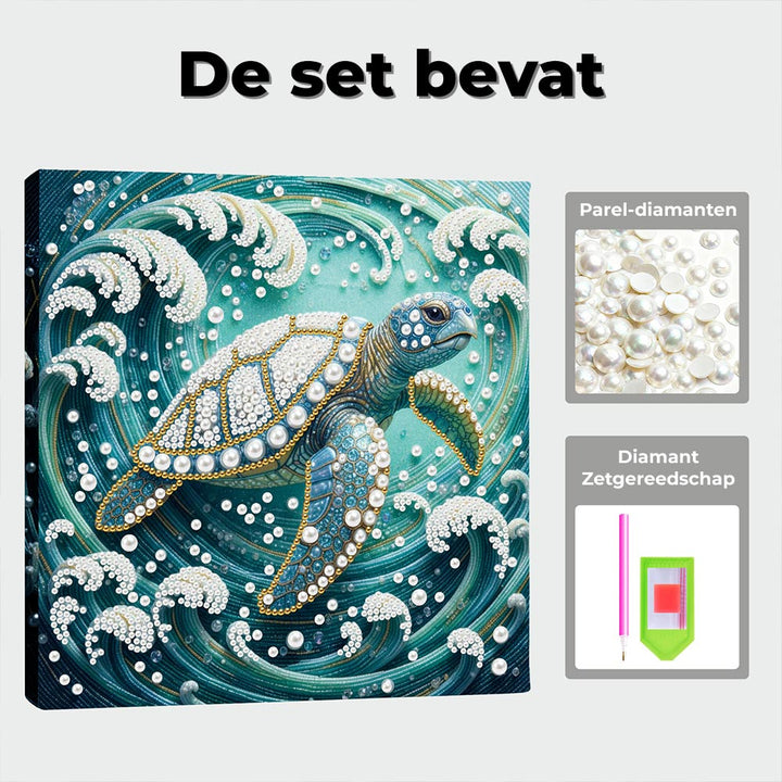 Diamond Painting | Parel Schilderij | Zeeschildpad in Wervelende Golven