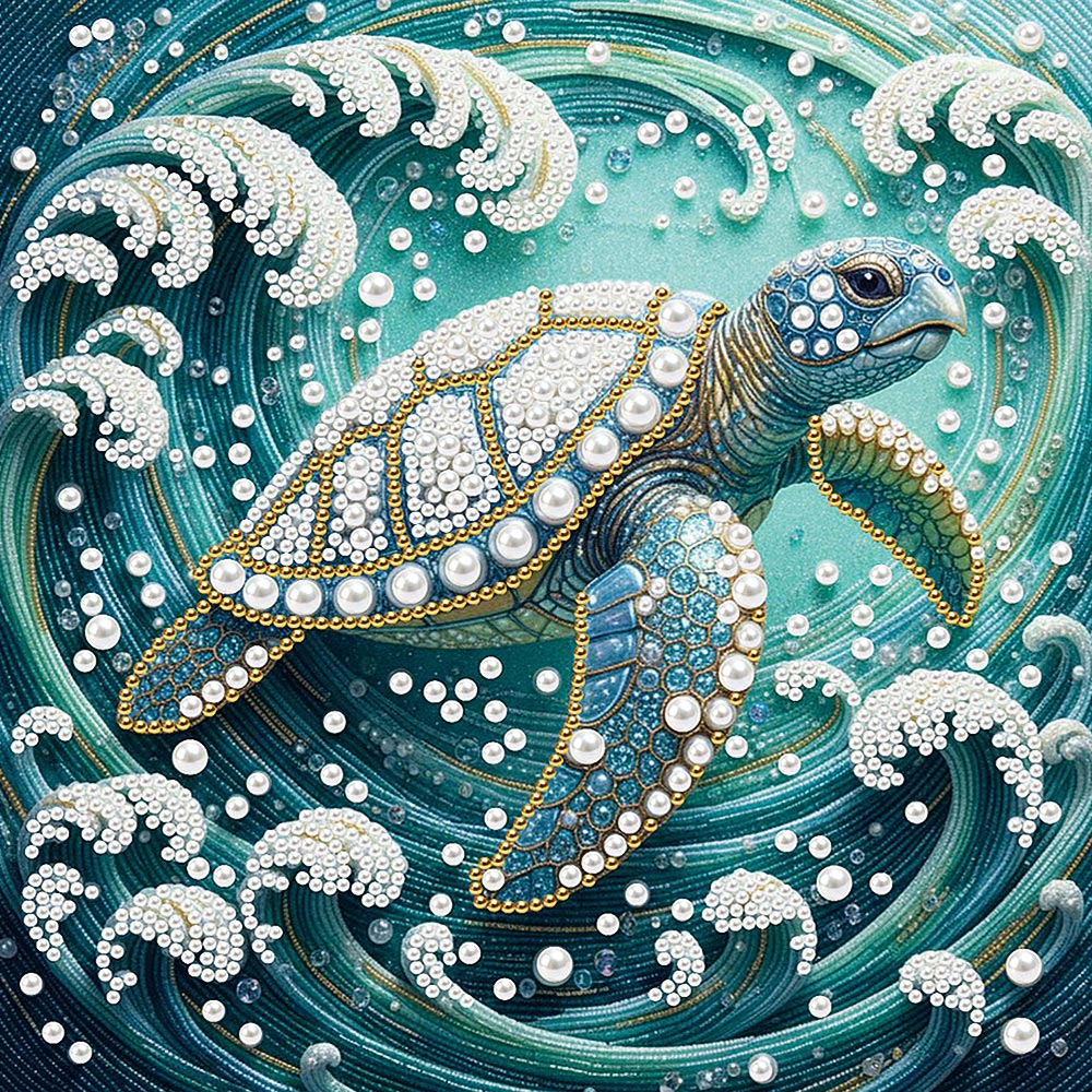 Diamond Painting | Parel Schilderij | Zeeschildpad in Wervelende Golven