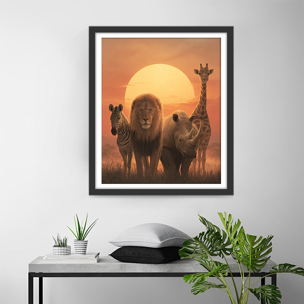 Dieren van de Afrikaanse Savanne bij Zonsondergang Diamond Painting