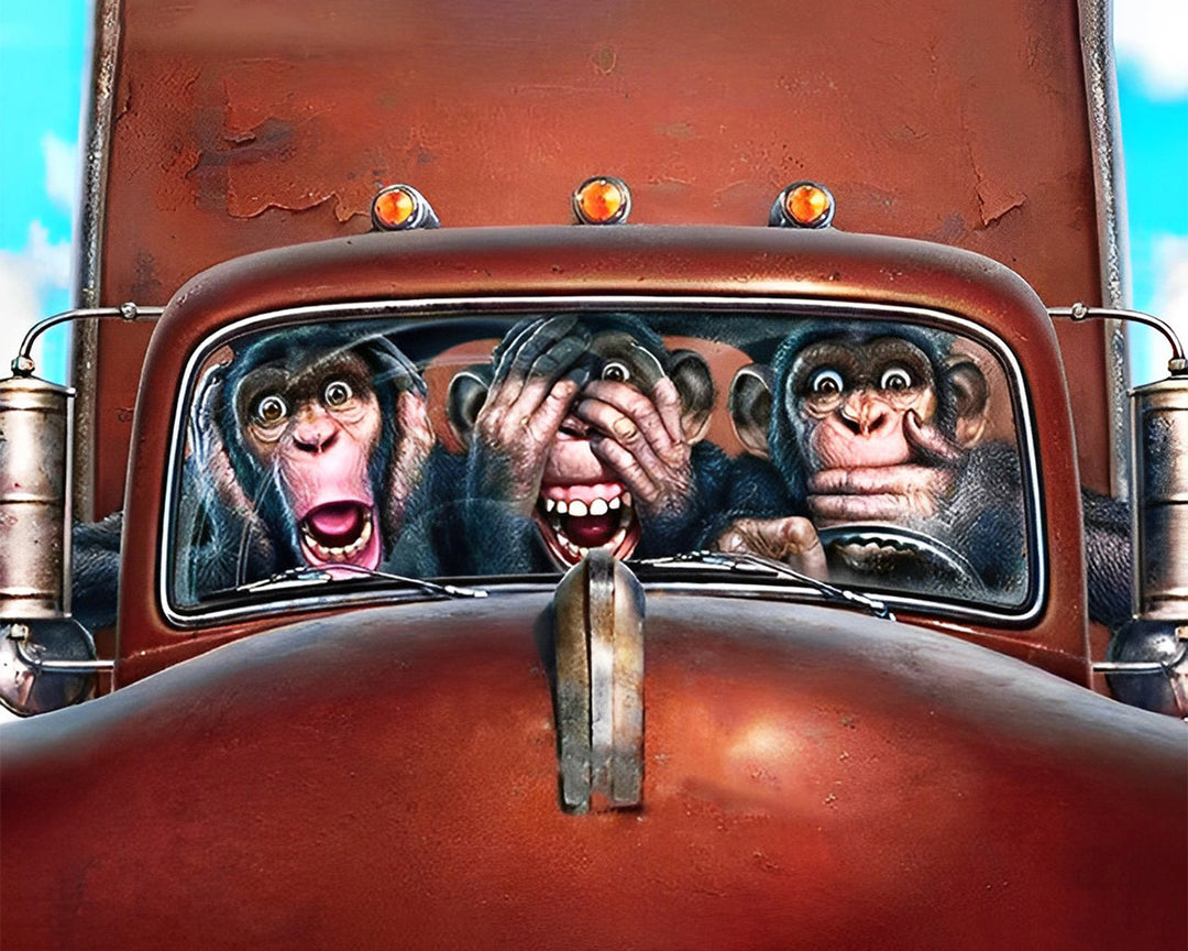Drie Apen in een Rode Auto Diamond Painting