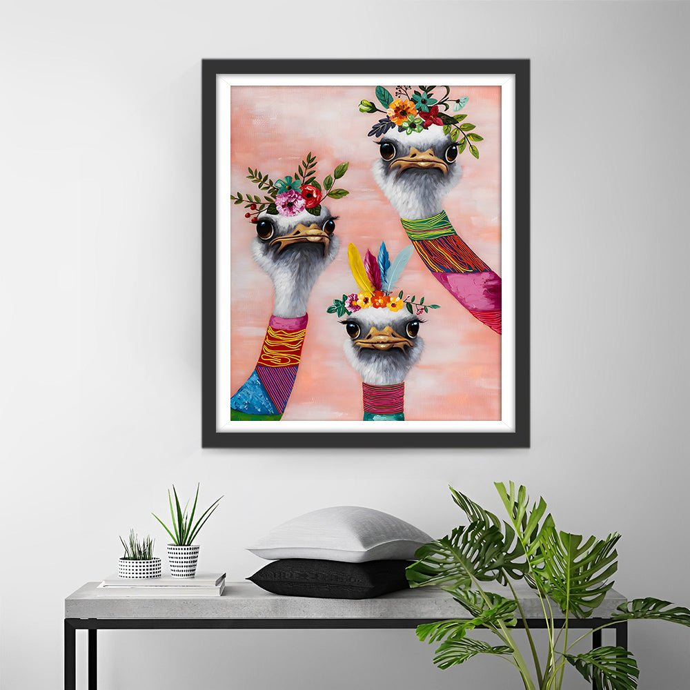 Drie Geklede Struisvogels Diamond Painting