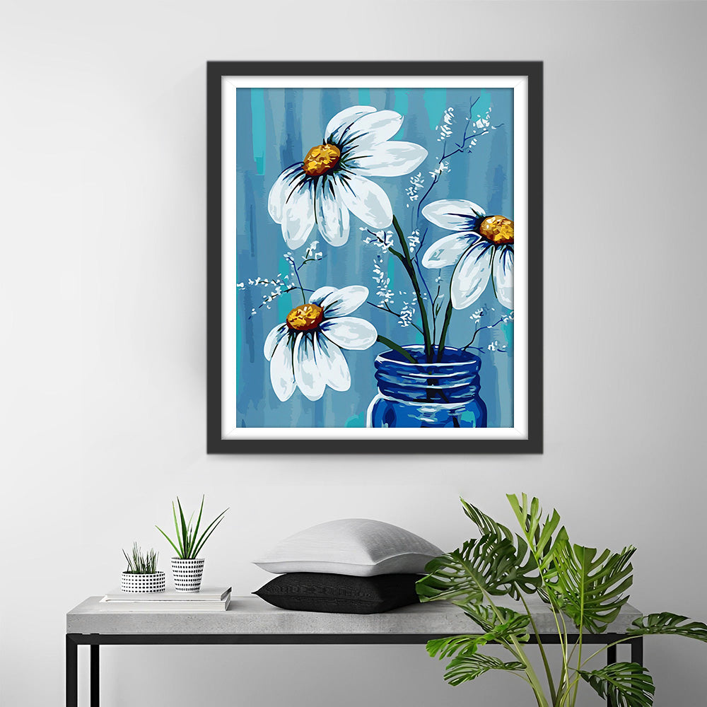 Drie Madeliefjes in Blauwe Fles Diamond Painting