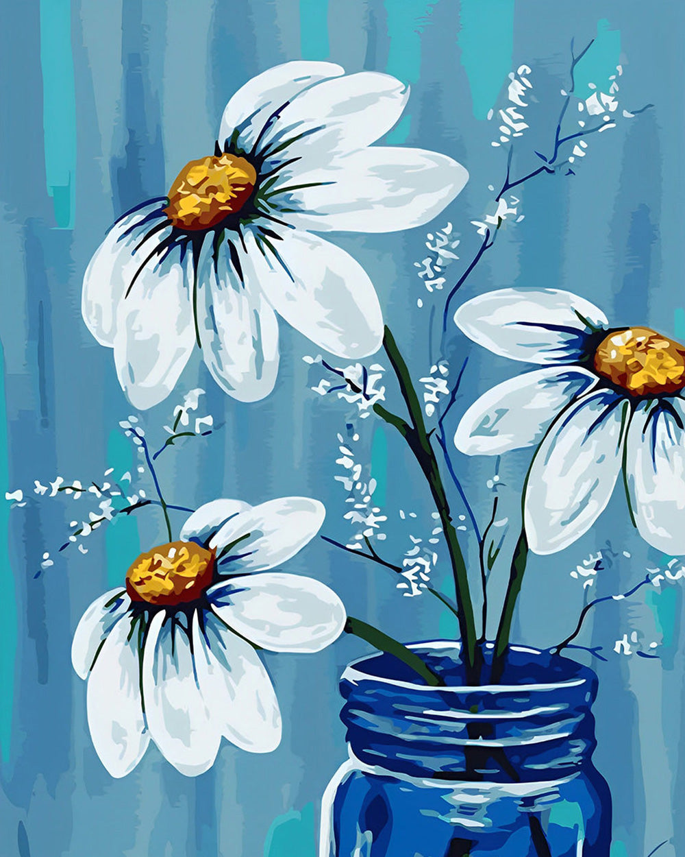 Drie Madeliefjes in Blauwe Fles Diamond Painting
