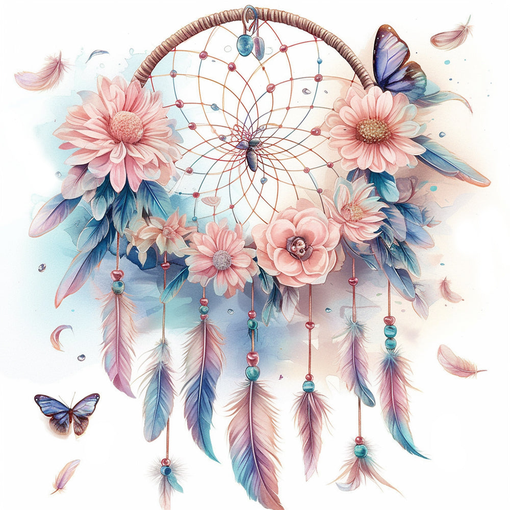 Dromenvanger met Roze Bloemen, Veren en Vlinders Diamond Painting