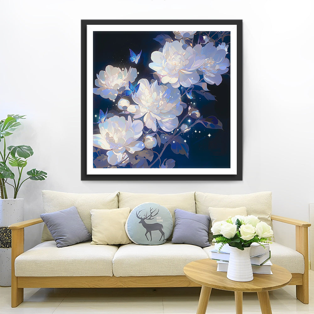 Dromerige Bloemensymfonie in Blauwe Nacht Diamond Painting