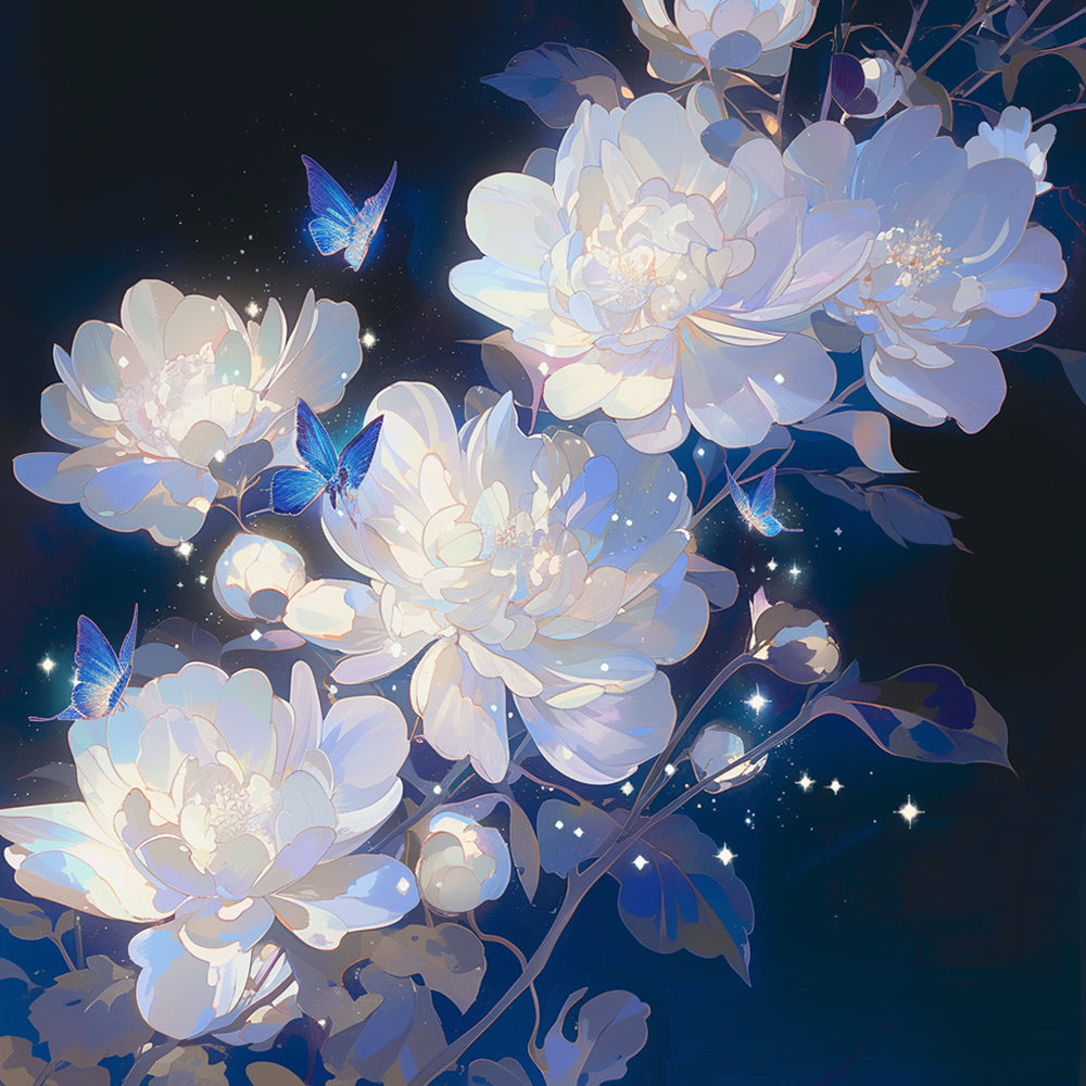 Dromerige Bloemensymfonie in Blauwe Nacht Diamond Painting