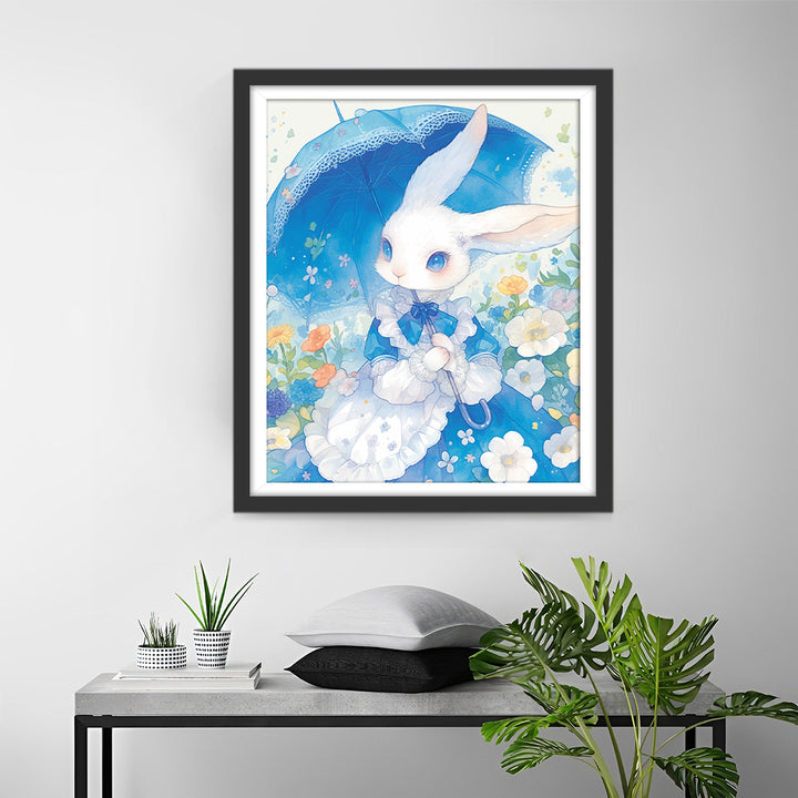 Edele Konijn met Blauwe Paraplu Diamond Painting