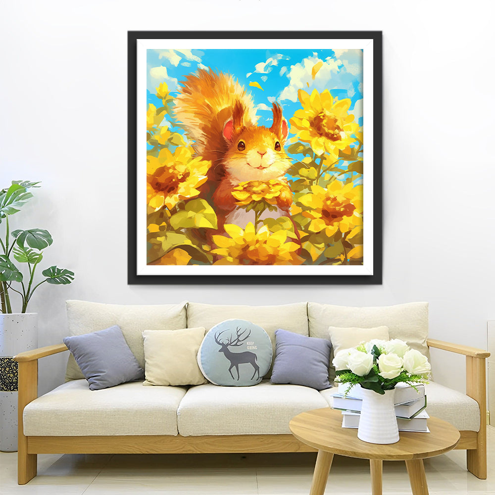 Eekhoorn in de Zonnebloemstruik Diamond Painting