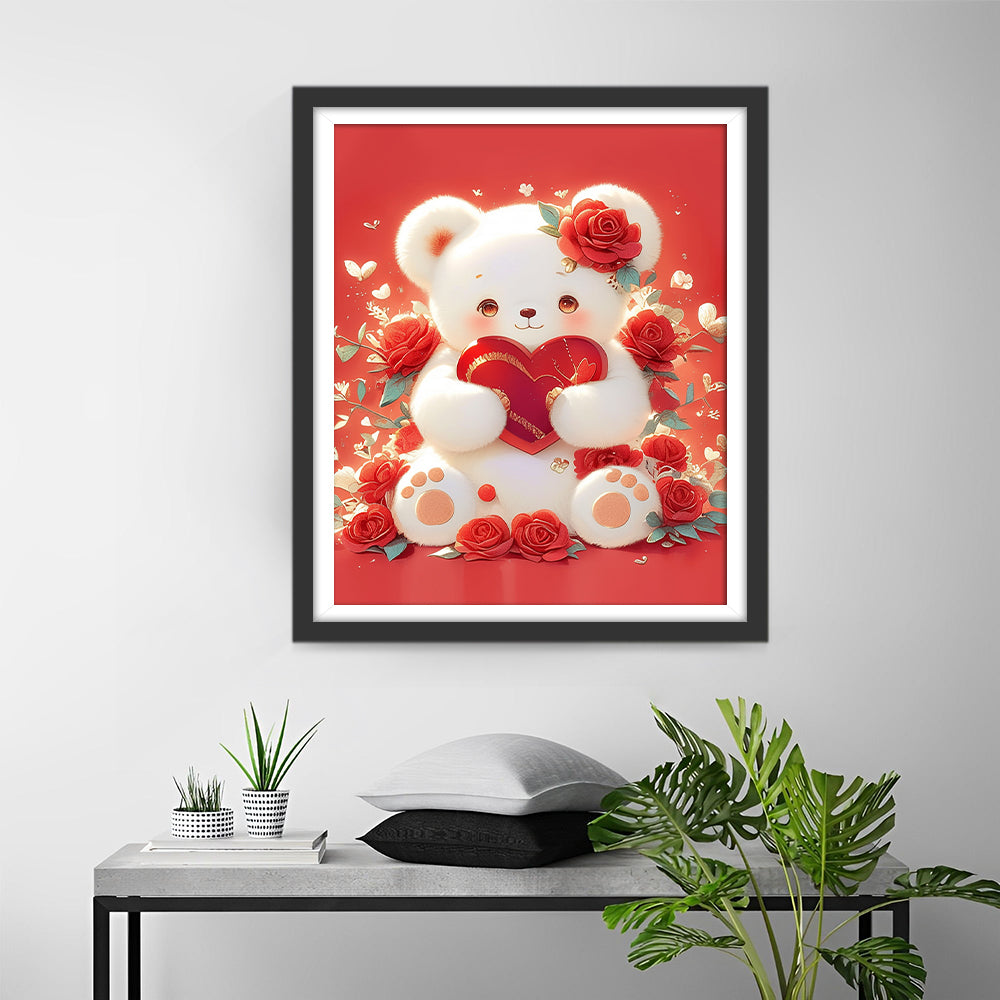 Een Beer met Een Hart omringd door Rozen Diamond Painting