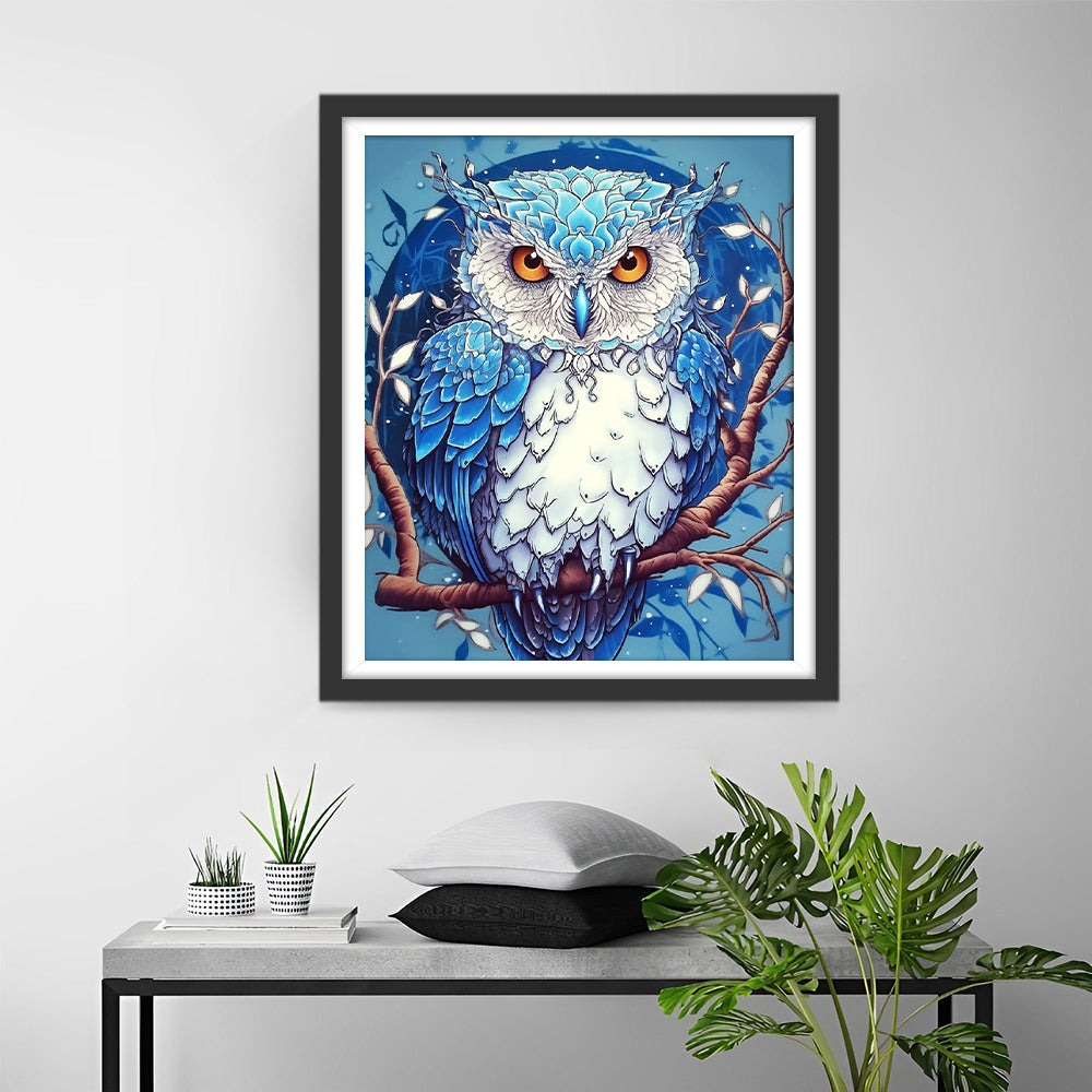 Een Blauwe en Witte Uil Diamond Painting