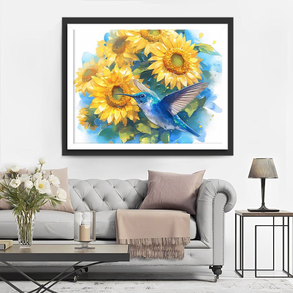 Een Blauwe Kolibrie bij Geel Zonnebloemen Diamond Painting