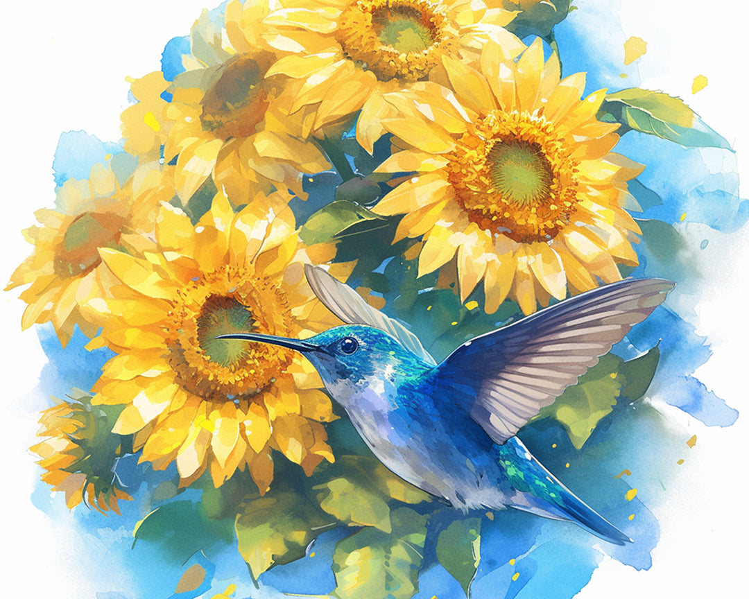 Een Blauwe Kolibrie bij Geel Zonnebloemen Diamond Painting