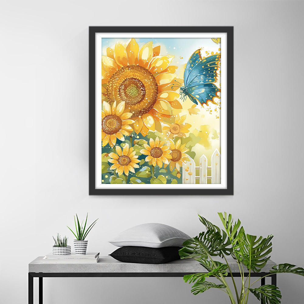 Een Blauwe Vlinder die Rondfladdert tussen Zonnebloemen Diamond Painting
