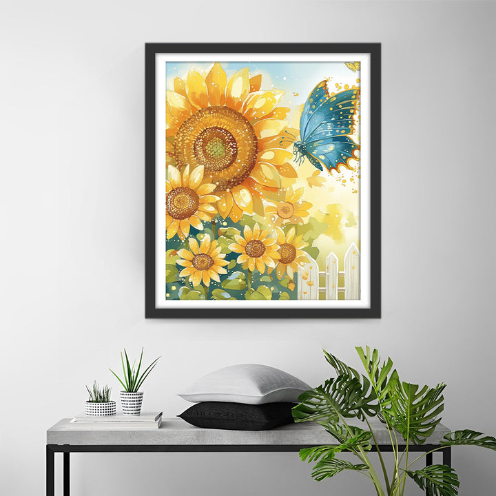Een Blauwe Vlinder die Rondfladdert tussen Zonnebloemen Diamond Painting