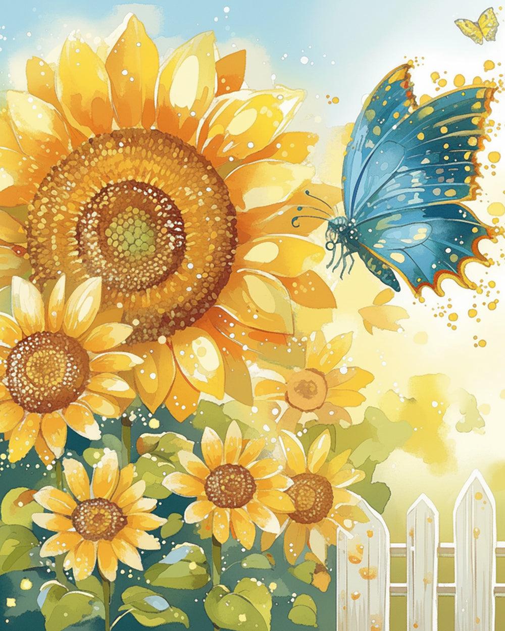 Een Blauwe Vlinder die Rondfladdert tussen Zonnebloemen Diamond Painting