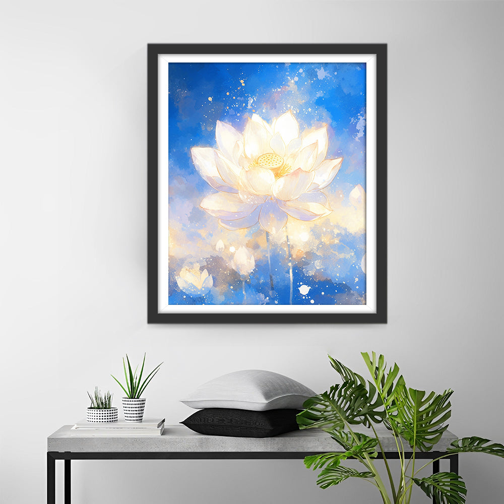 Een Bloeiende Witte Lotus in een Blauwe, Verfspetterde Omgeving Diamond Painting