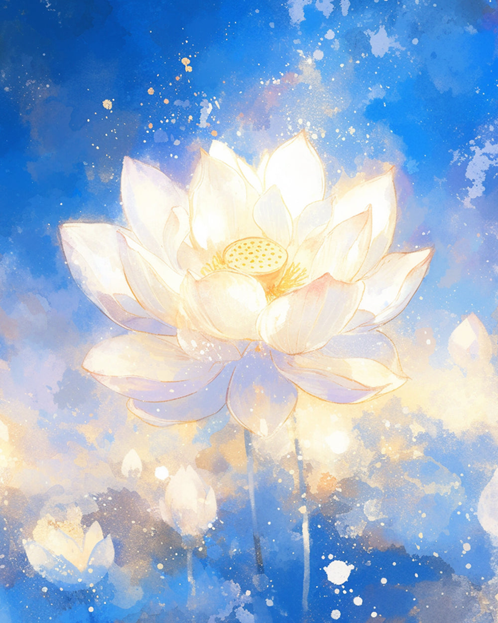 Een Bloeiende Witte Lotus in een Blauwe, Verfspetterde Omgeving Diamond Painting