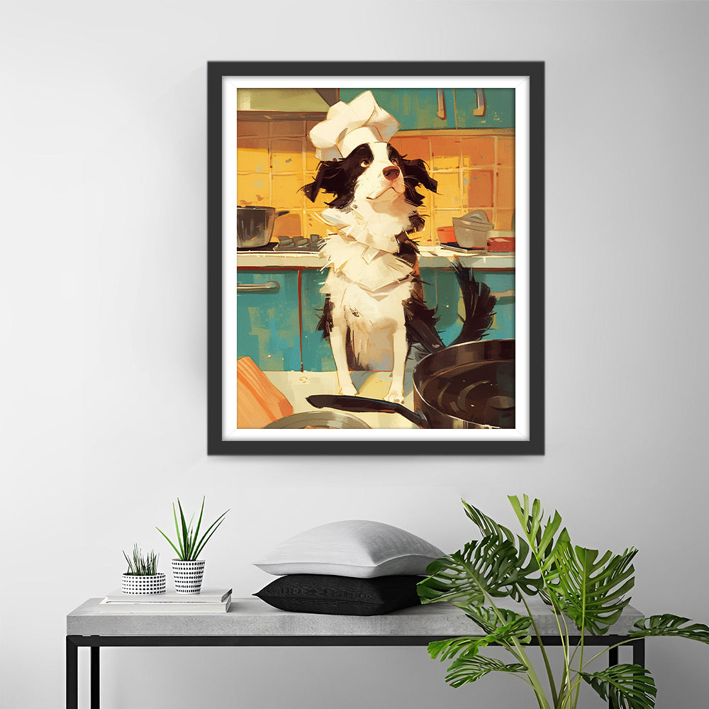 Een Border Collie met een Koksmuts Diamond Painting