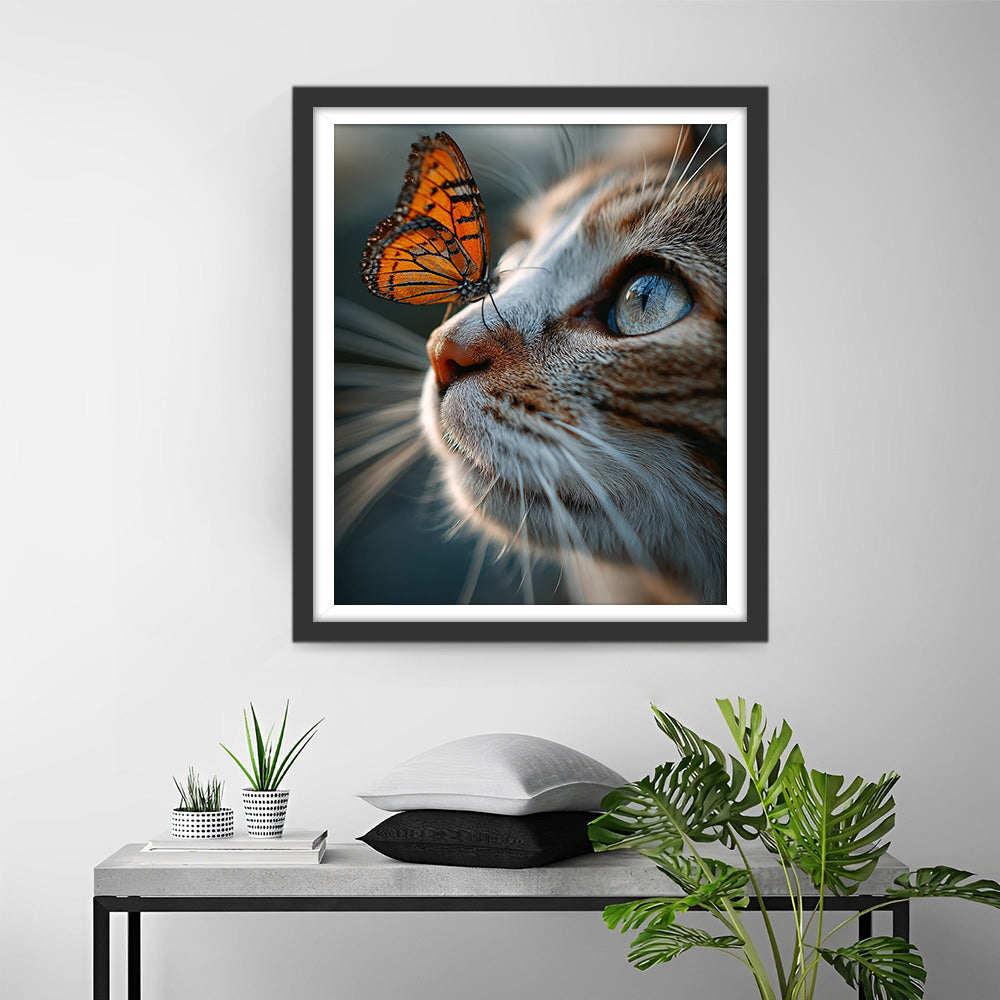 Een Bruine Vlinder die op de Neus van de Kat Landt Diamond Painting