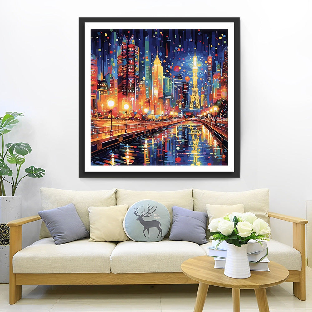 Een Bruisende Stad met Felle Lichten Diamond Painting