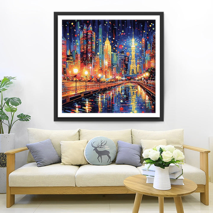Een Bruisende Stad met Felle Lichten Diamond Painting